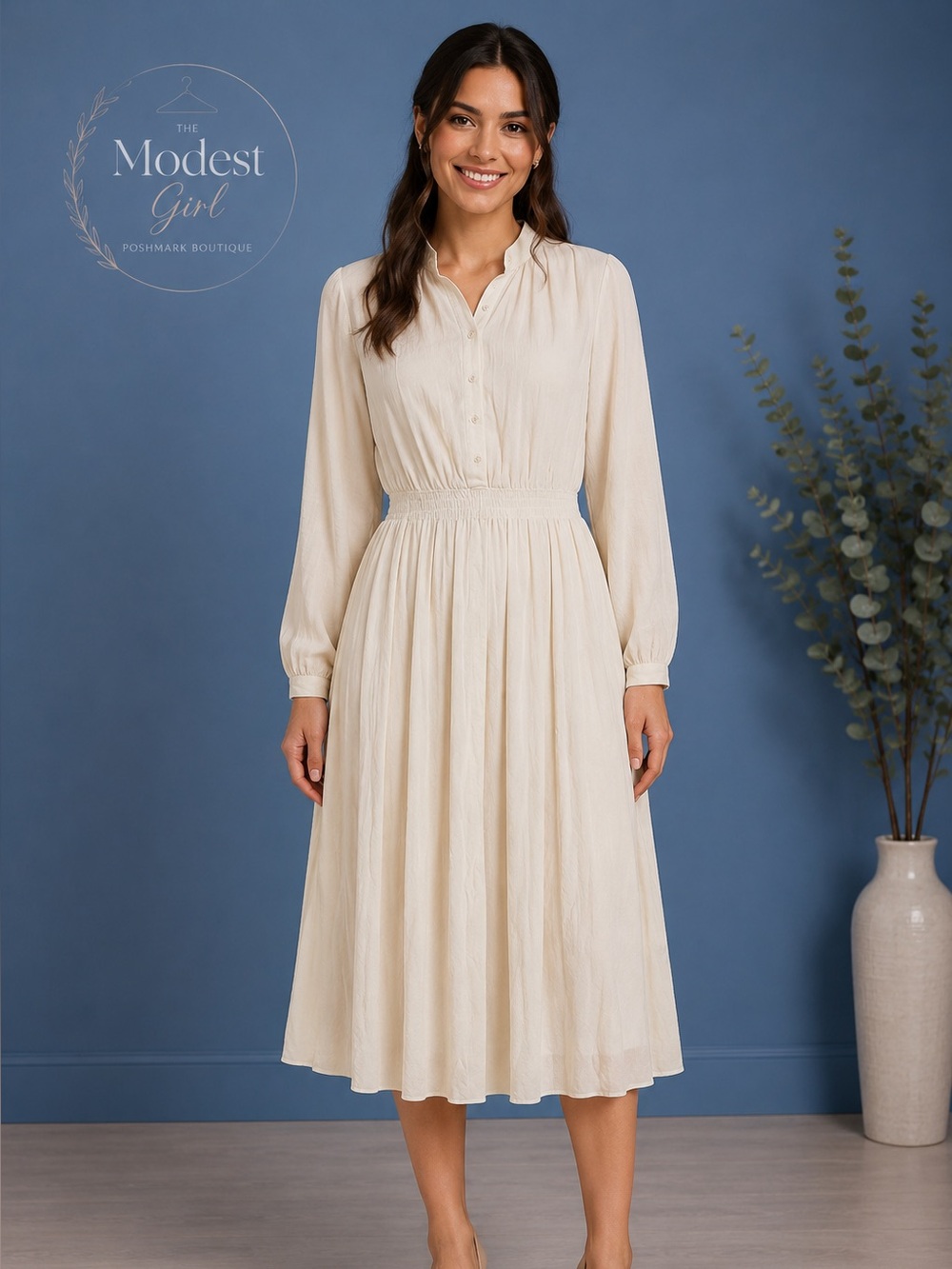 Lily J London Modest Cream Long-Sleeve Midi Dress with Smocked Waist